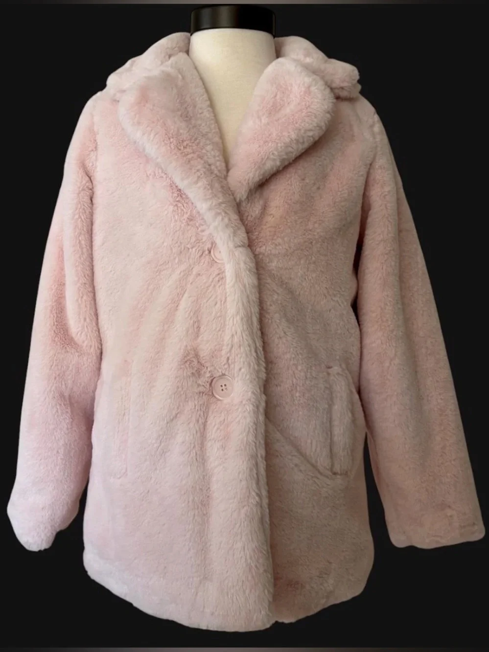 JouJou Light Pink Faux Fur Coat Size M 8 10 Fluffy Soft Collar Buttons Cute